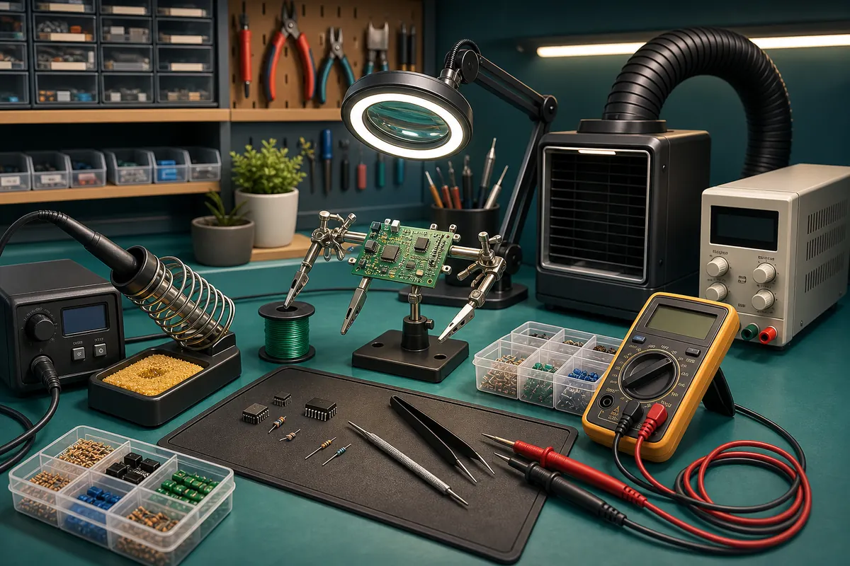 An electronics workbench with soldering and testing equipment