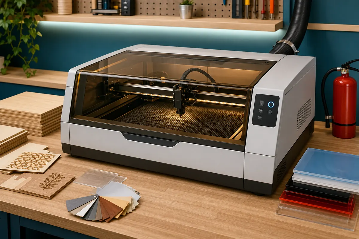 A CO2 laser cutter cutting a detailed pattern into plywood