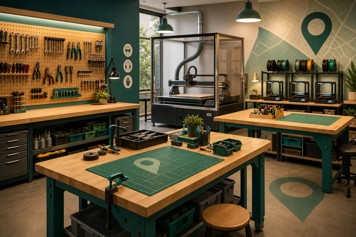A shared studio workspace with communal equipment and workbenches